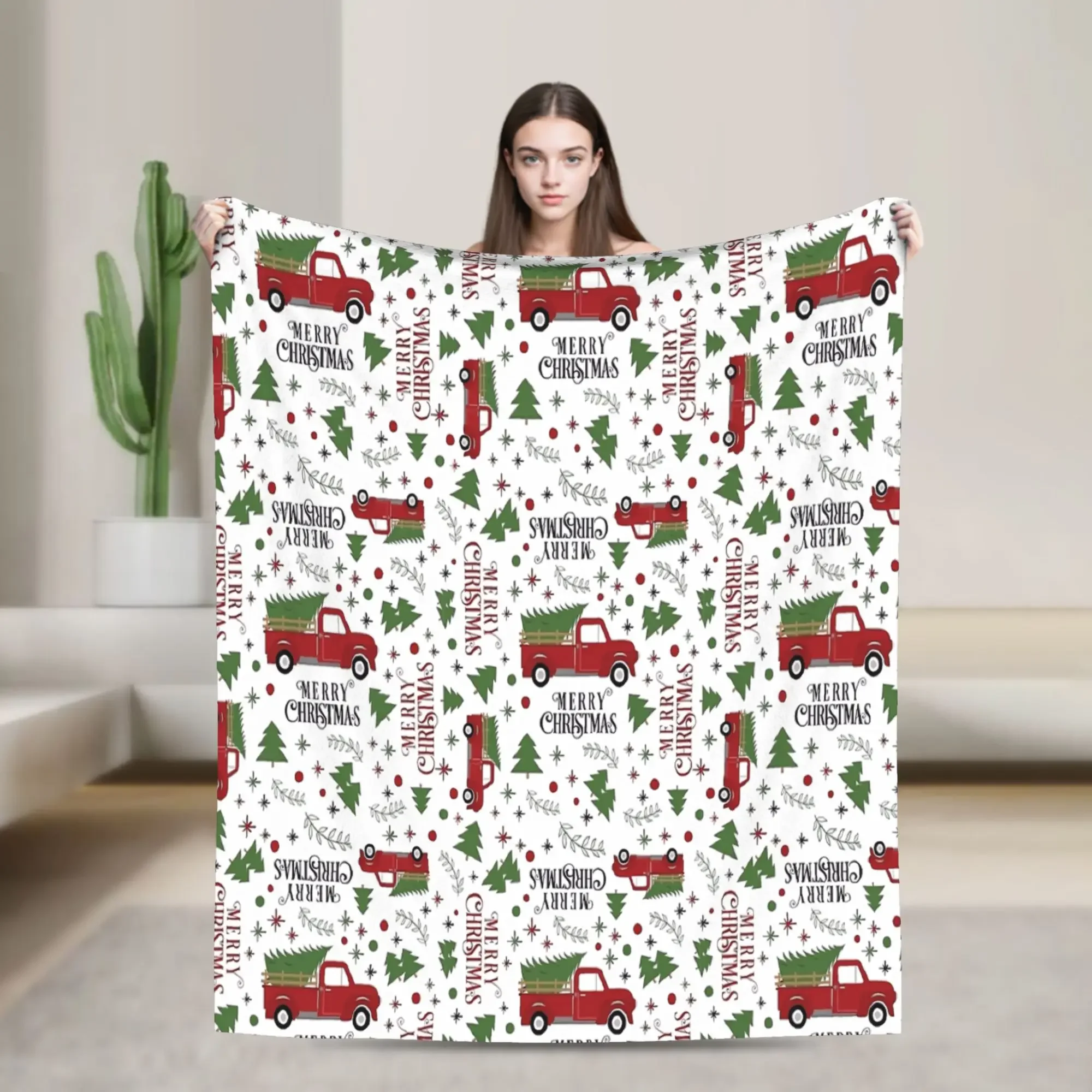 Red Vintage Truck Tree Merry Christmas Holiday Soft Warm Blankets  Office Plush Throw Blanket Chair Flannel Bedspread Sofa Cover