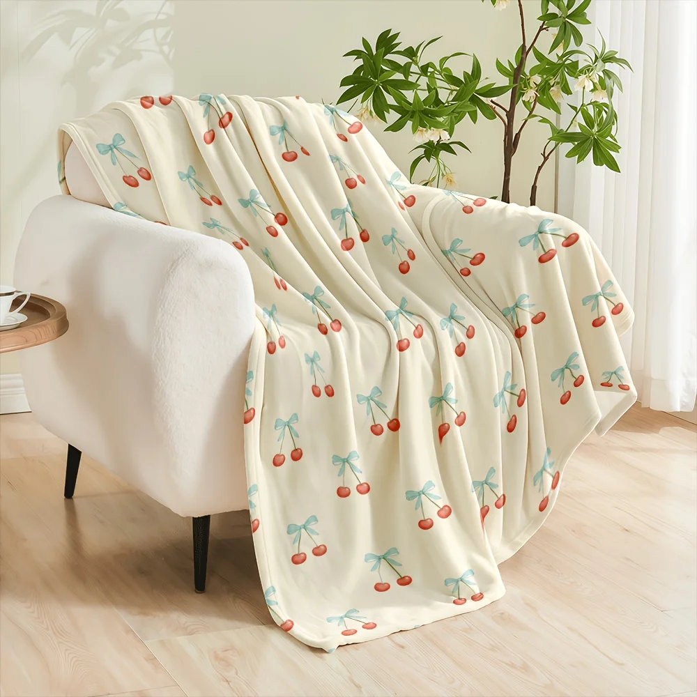 1pc Mint Bow Cherry Printed Flannel Blanket, Ultra Soft Cozy Premium Plush, All-Season Use, Machine Washable, Multi Sizes, 280GSM Heavy, for Bedroom, Sofa, Home Goods, AC Room, Winter Warm Cozy Plush Throw, Cozy Home Gift Choice.