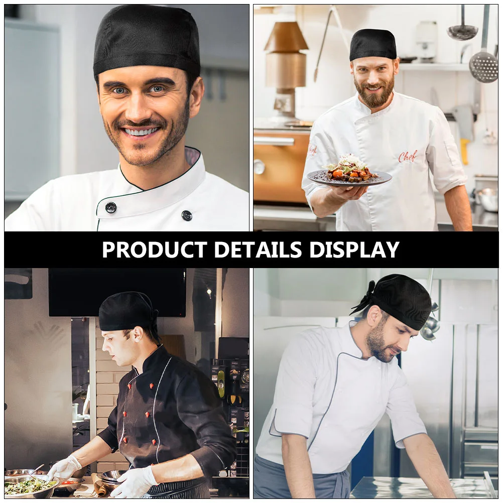 

2 Pcs Chef Turban Black Soft Canvas Adjustable Ribbon Catering Skull Cap for Adults Kitchen Work Uniform Suitable Bakers Cooking