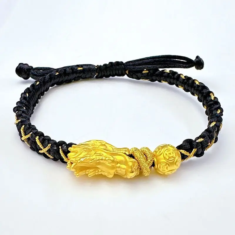 UMQ Golden Dragon Year Lucky Bracelet New Year Gift Unisex Faucet Ancient Woven Black Rope Adjustable