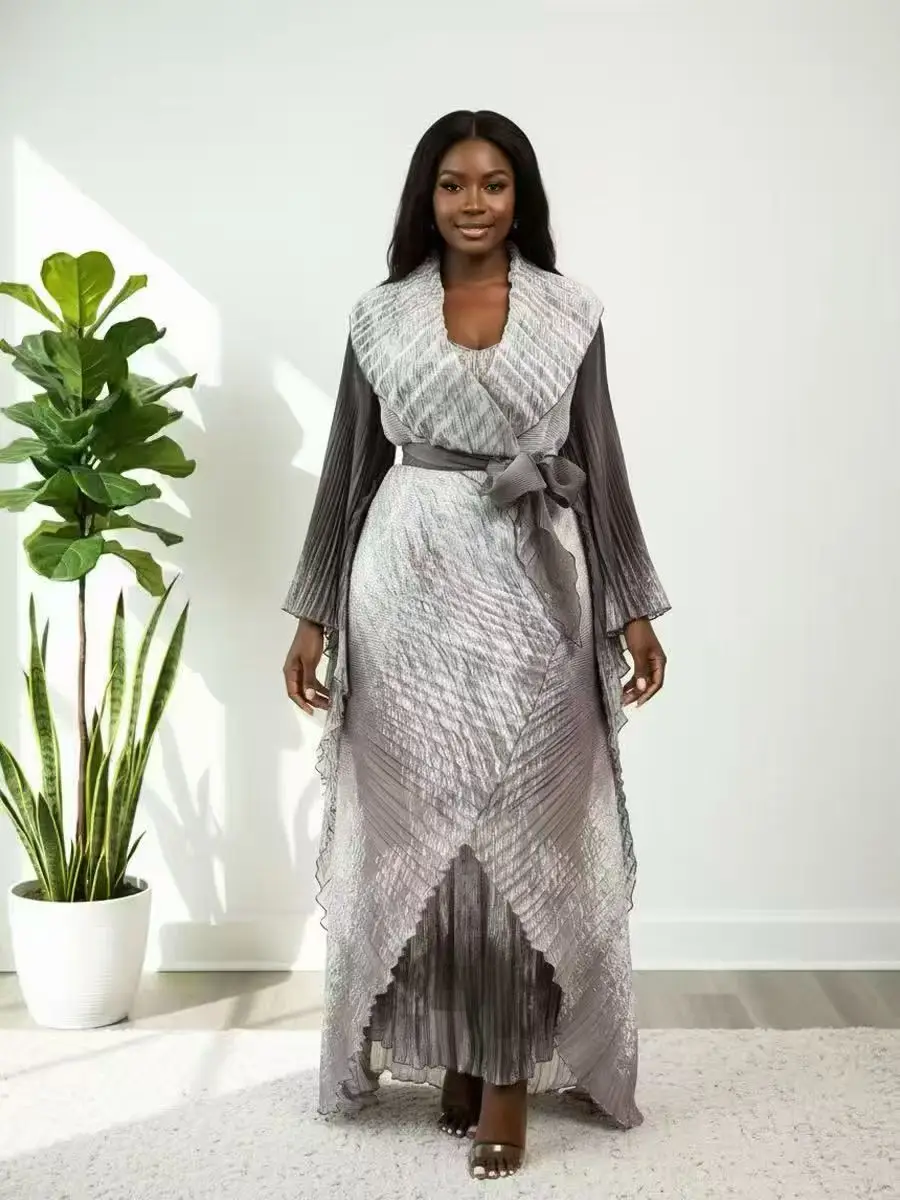 2025 Autumn African Miyake Pleated Printed Organza Suit Irregular Suspender Skirt Two-piece Set Loose Women's Clothing