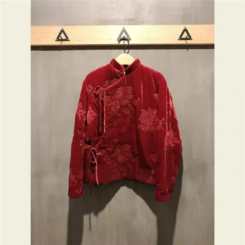 

Winter New Red Flower Embroidery Cotton Jacket Women Chinese Style Lace-up Womens Coat Warm Velvet Outerwears