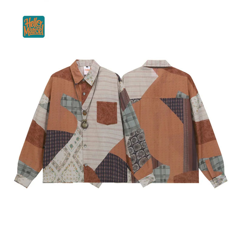 

HELLOMARCEL, размер ЕС, США, высокое качество, ретро, цветная контрастная клетка, с длинным рукавом, для мужчин и женщин, уличная одежда больших размеров, повседневные шорты