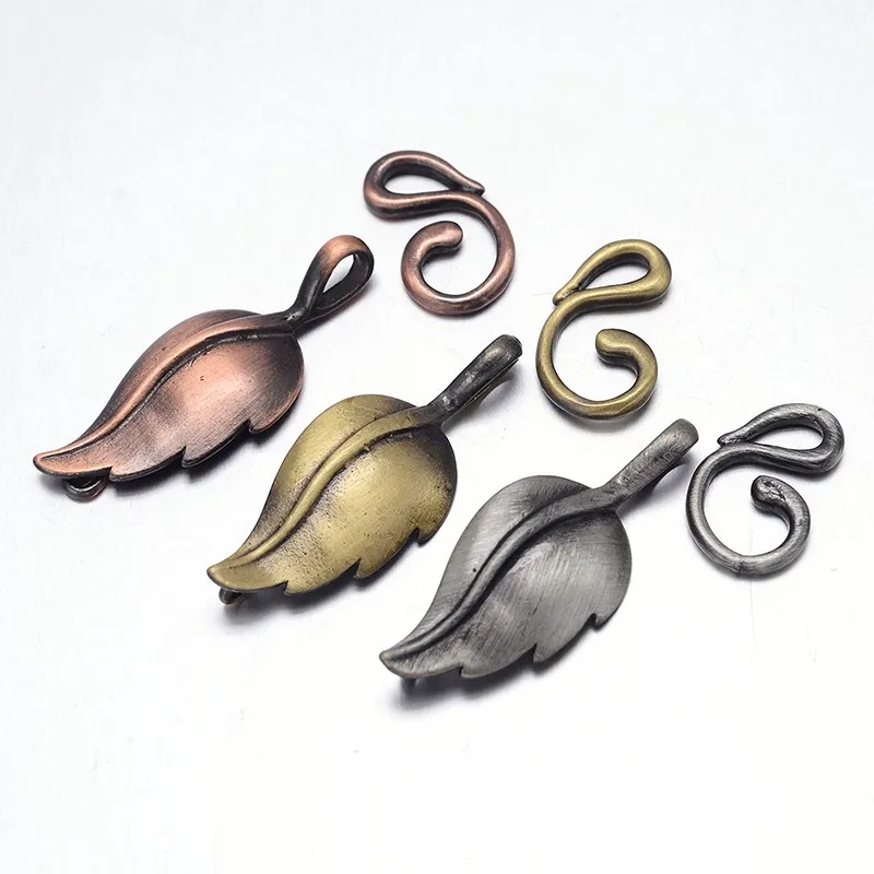 20 Sets Brass Leaf Hook Clasps for Leather Cord Bracelet Necklace DIY Jewelry Findings Accessories Antique Bronze Silver Color