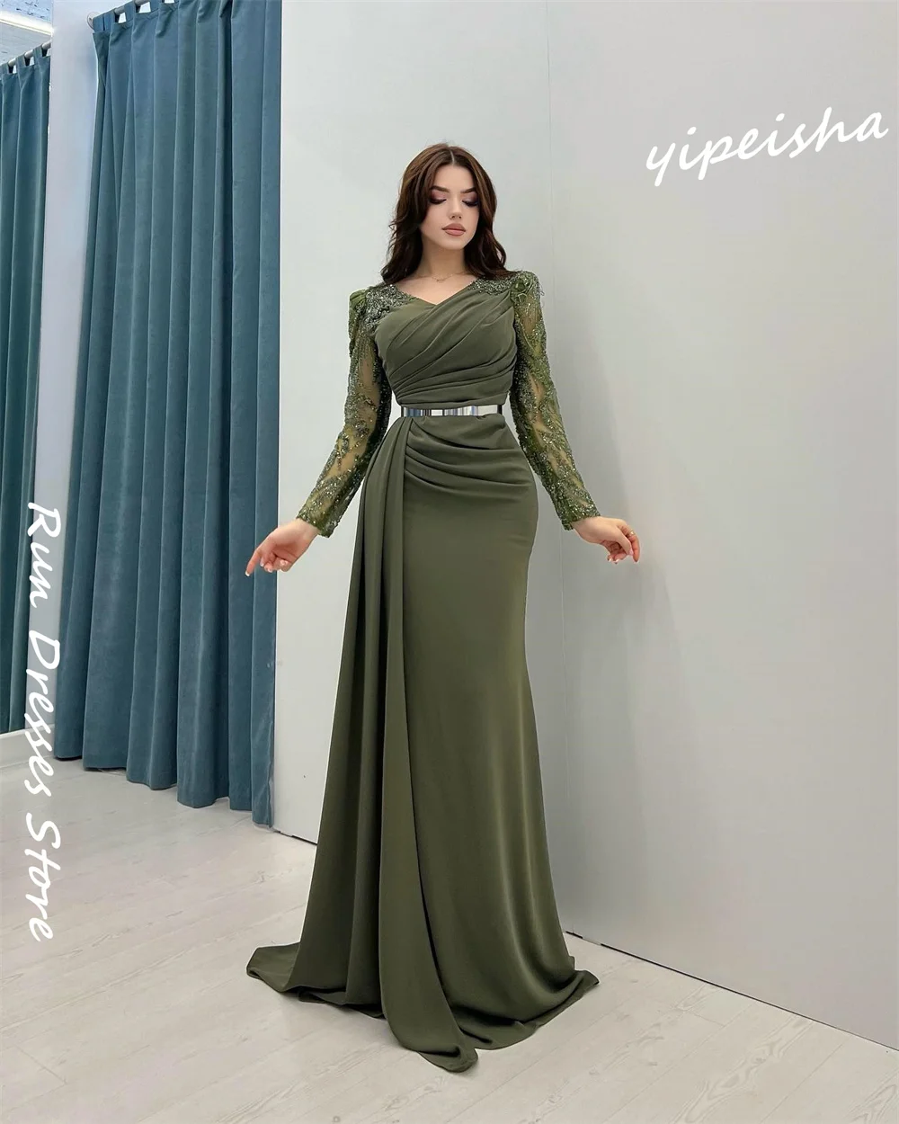 Customized Evening Jersey Sequined Beading Ruched Beach A-line V-neck Bespoke Occasion Gown Long Dresses  Sexy Casual