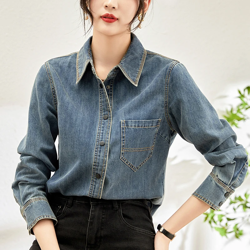 

2024 Spring Casual Shirts For Women Denim Blouses Turn-down Collar Long Sleeve Blouse Loose Tops 100% Cotton Women's Shirt