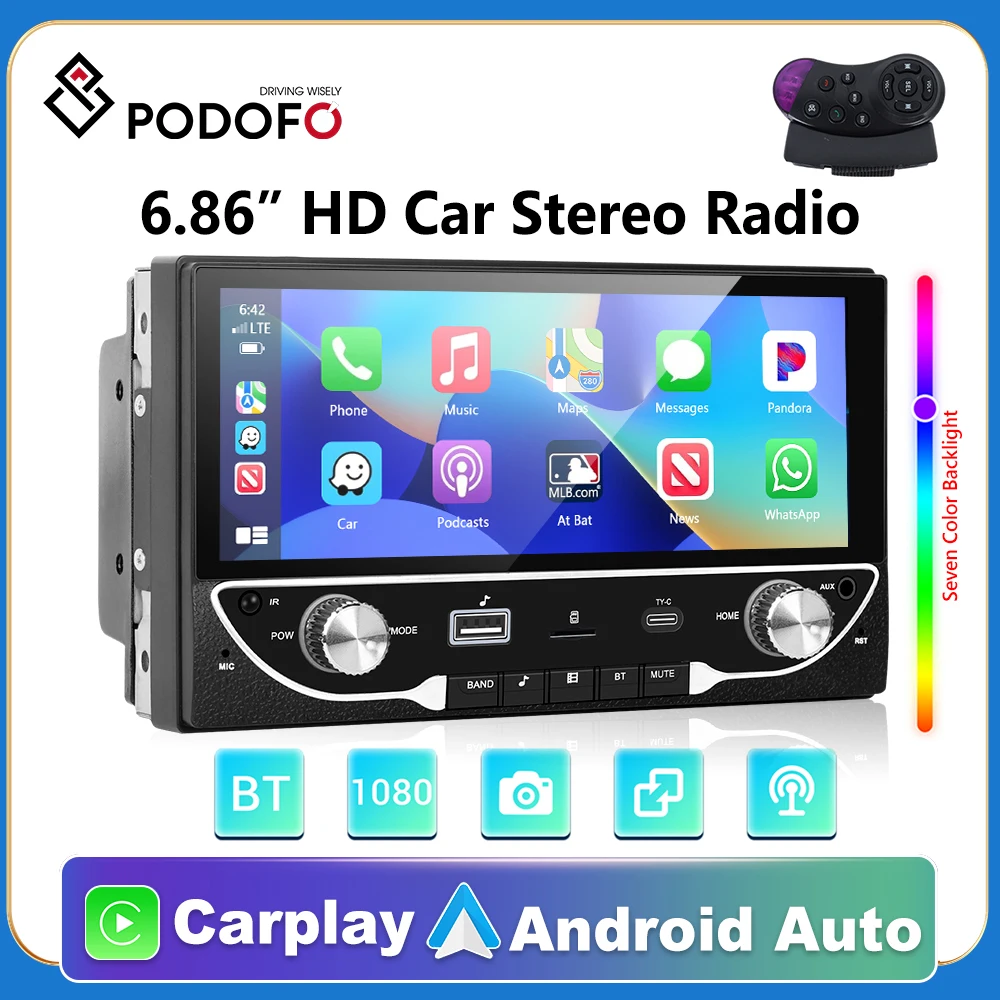 

Podofo 2din Carplay/auto 6.86" Monitor Universal Android GPS Car Stereo Radio with BT FM Radio Receiver Support Rear View Camera