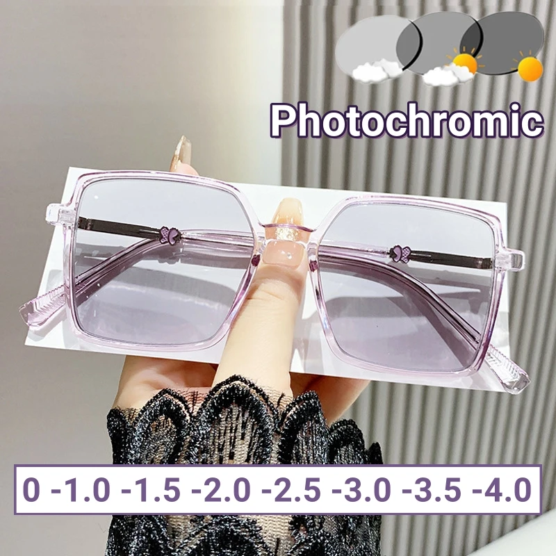 Trendy Square Near Sight Glasses Photochromic Three-dimensional Butterfly Myopia Glasses Anti Blue Light Color Changing Eyewear