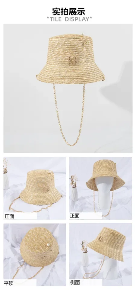 

Women's Summer Straw Bucket Hat with Pearl Decor, Wide Brim Hat for Outdoor, Beach, Fishing - Fashion Boho Pearl Embellished