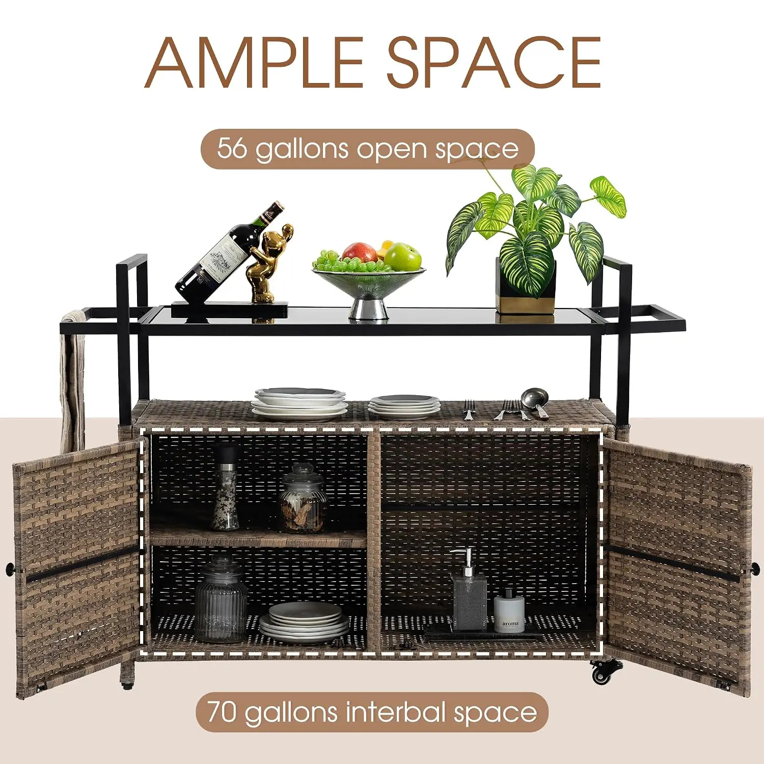 Outdoor Bar Cart Table, Brown | Patio Console Storage Cabinet BBQ Grill Carts Buffet with Wheels Waterproof Wicker, Customized