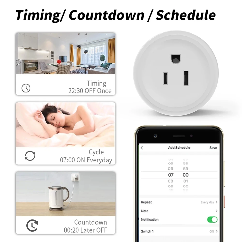 WiFi Smart Socket US Plug 16A Remote Bidirectional Control and Alexa Google Home APP Control Timer Voice Control Group