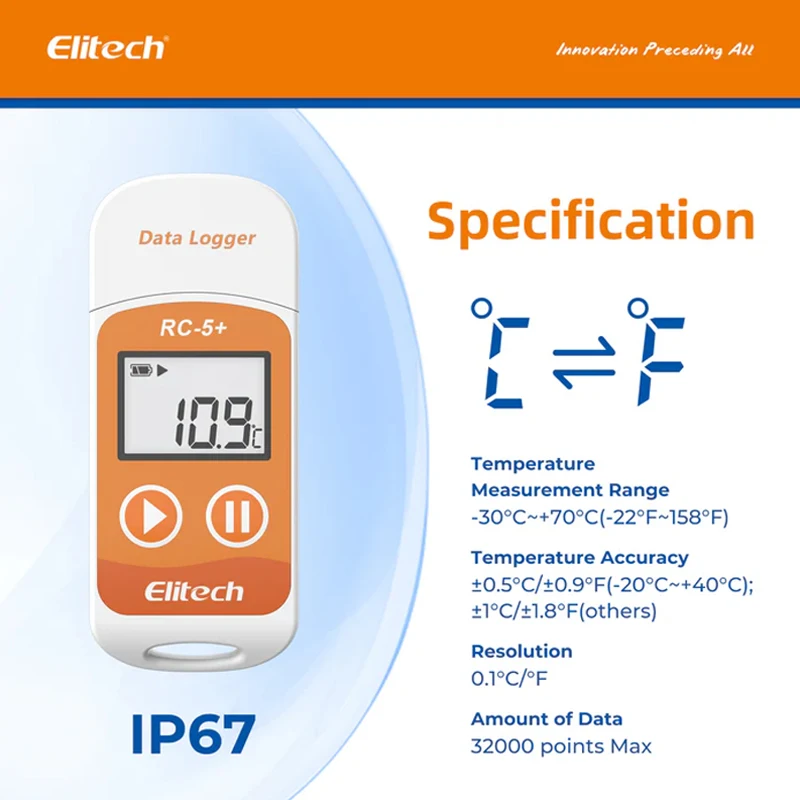 USB Connect Temperature Meter & Data Logger LCD Display IP67 Waterproof 0.01 Accuracy Plastic Material OEM Customizable RC-5