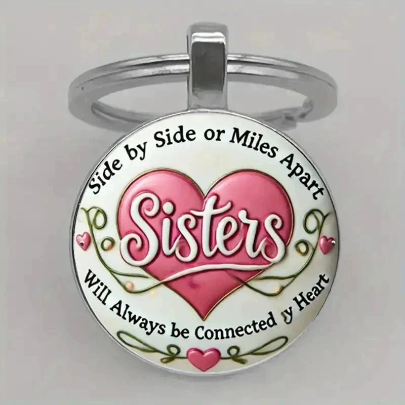 Fashion Love Heart Sisters Key Chain Woman Bag Keyring Wedding Trinket Glass Time Gem Keychain DIY Pendant Necklace Gift