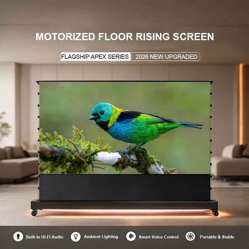 Yovanxer APEX UST Electric Floor Rising Screen Max 150'' ALR 4K HDR with HiFi Sound Smart Voice Mobile Stand for Home Theater