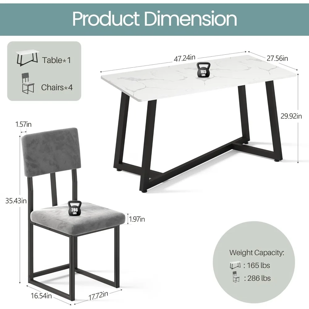 5-Piece Dining Set, 47.24-Inch Faux Marble Dining Table Set for 4, Modern Minimalist Kitchen &  Room Set with Velvet