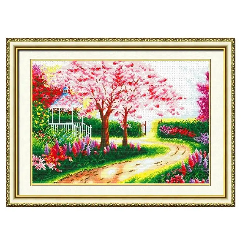 New handmade cross stitch finished product with picturesque spring atmosphere, dreamy home, living room, landscape painting,