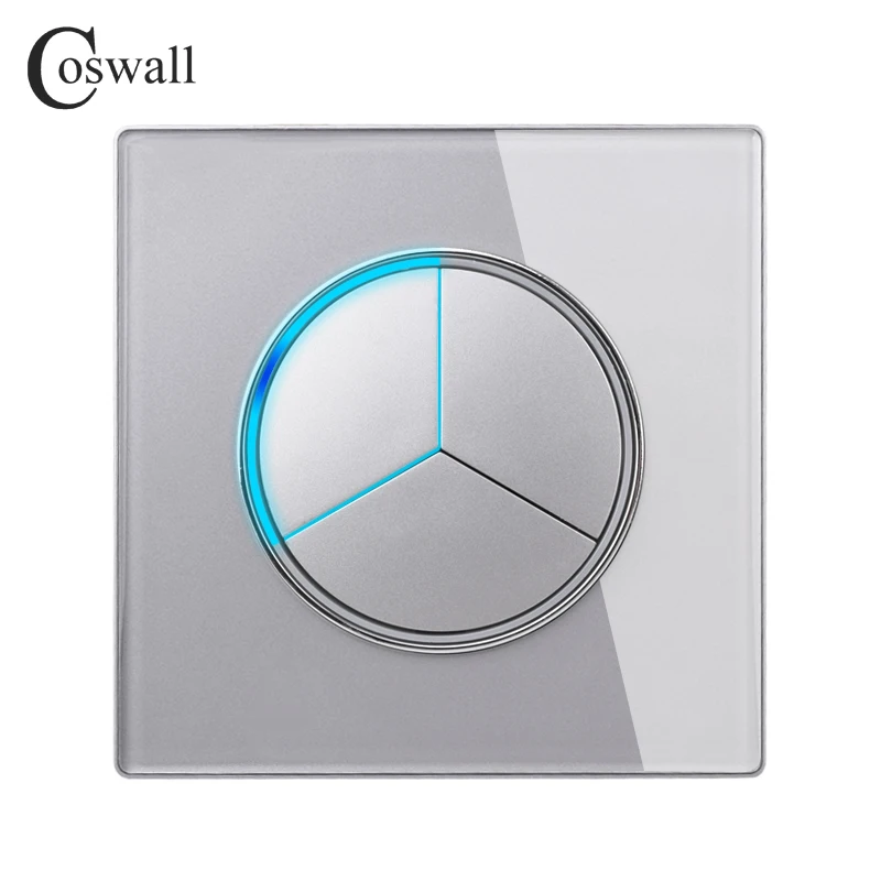 COSWALL 1/2/3/4 Gang 1/2 Way On / Off Wall Light Switch Large Aperture LED Backlight Data HDMI USB Charger Glass Panel Grey Gray