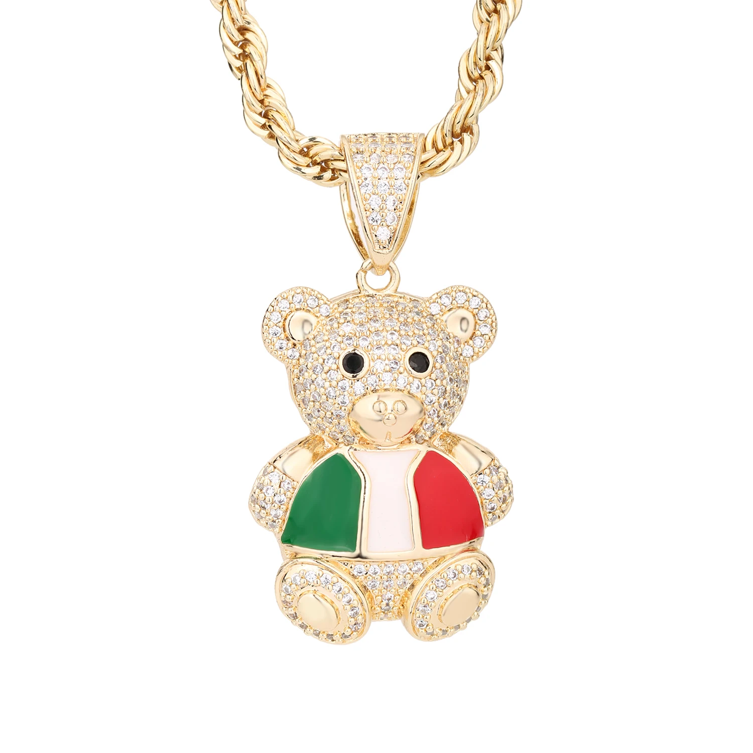 Fashionable and cute bear shaped colorful necklace, Italian map flag pendant, copper high-quality hip-hop jewelry