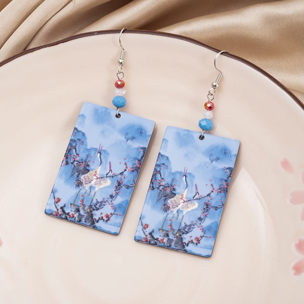 Fashion Crane Flower Mountain Pattern Acrylic Earrings For Women Vintage Style Aesthetic Trend Products Elegant Ladies Jewelry