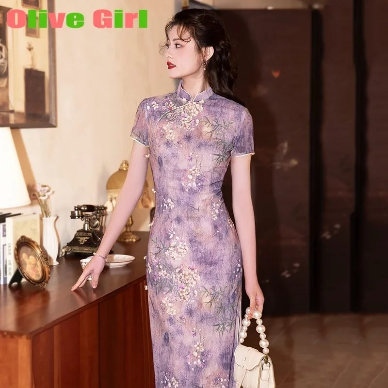 

Фиолетовое кружевное платье Cheongsam Qipao, элегантный сладкий принт, элитный Cheongsam с изысканной традиционной китайской женской одеждой