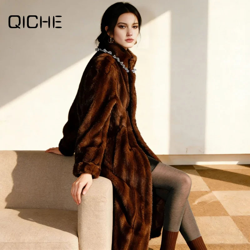 QICHE Women Faux Mink Fur Coat Lapel Long Faux Mink Outerwear European Style Winter Casual Warm Fluffy Jacket
