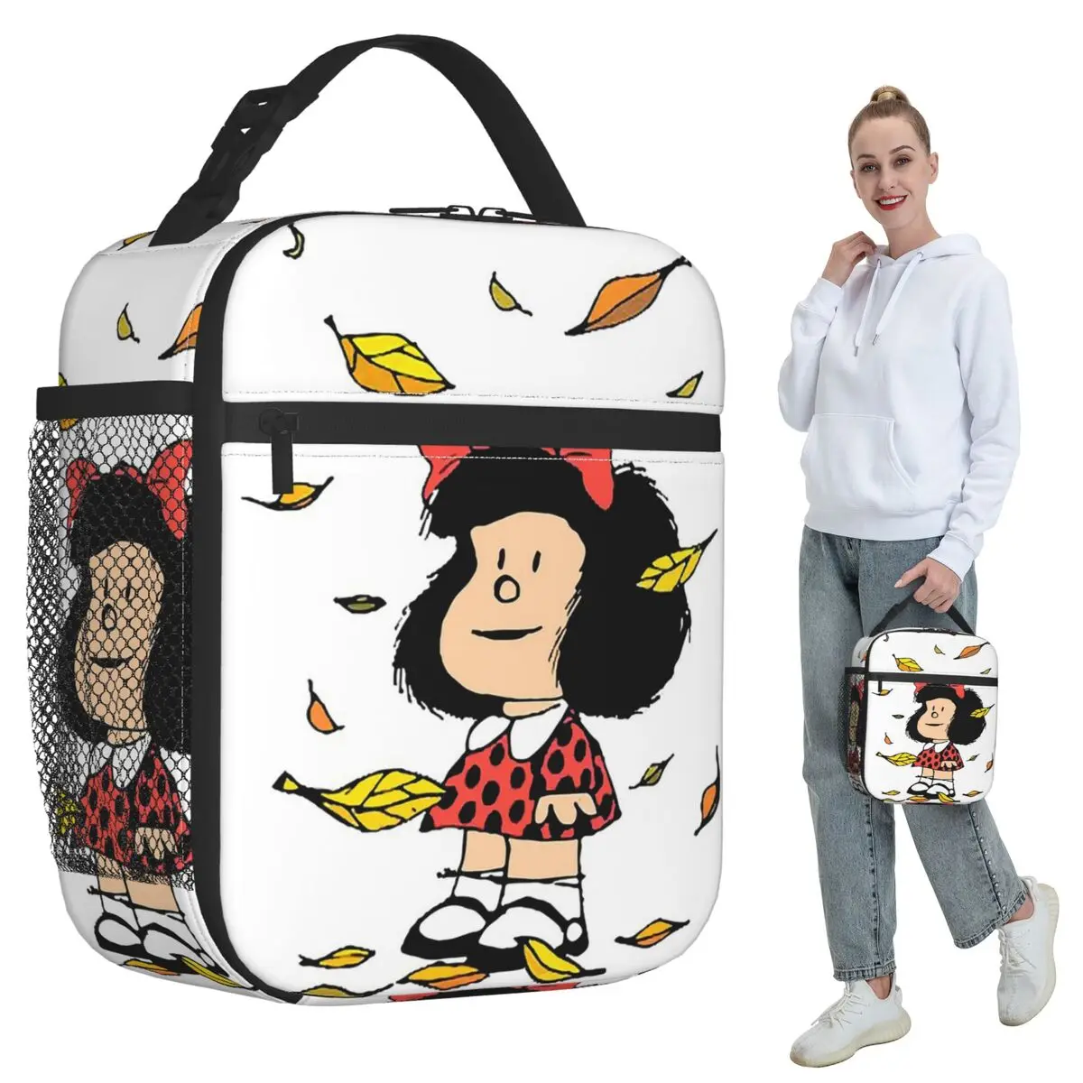 Mafalda Autumn Leaves Quino Comic Insulated Lunch Bag Women Office Cooler Thermal Food Box Tote Leakproof Lunch Boxes Container