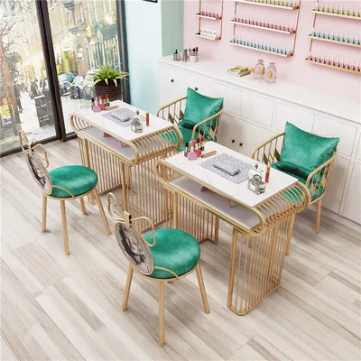 Light Luxury Metal Leg Tempered Glass Nail Table Fashion Marble Nail Table And Chair Set