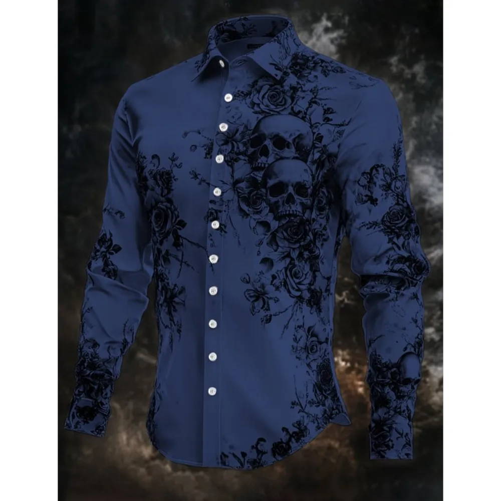 Męska koszula w paski z grafiką, nadrukiem czaszki, streetwearowa, outdoorowa, z długim rękawem, zapinana na guziki, modna odzież uliczna, prosty i stylowy design.