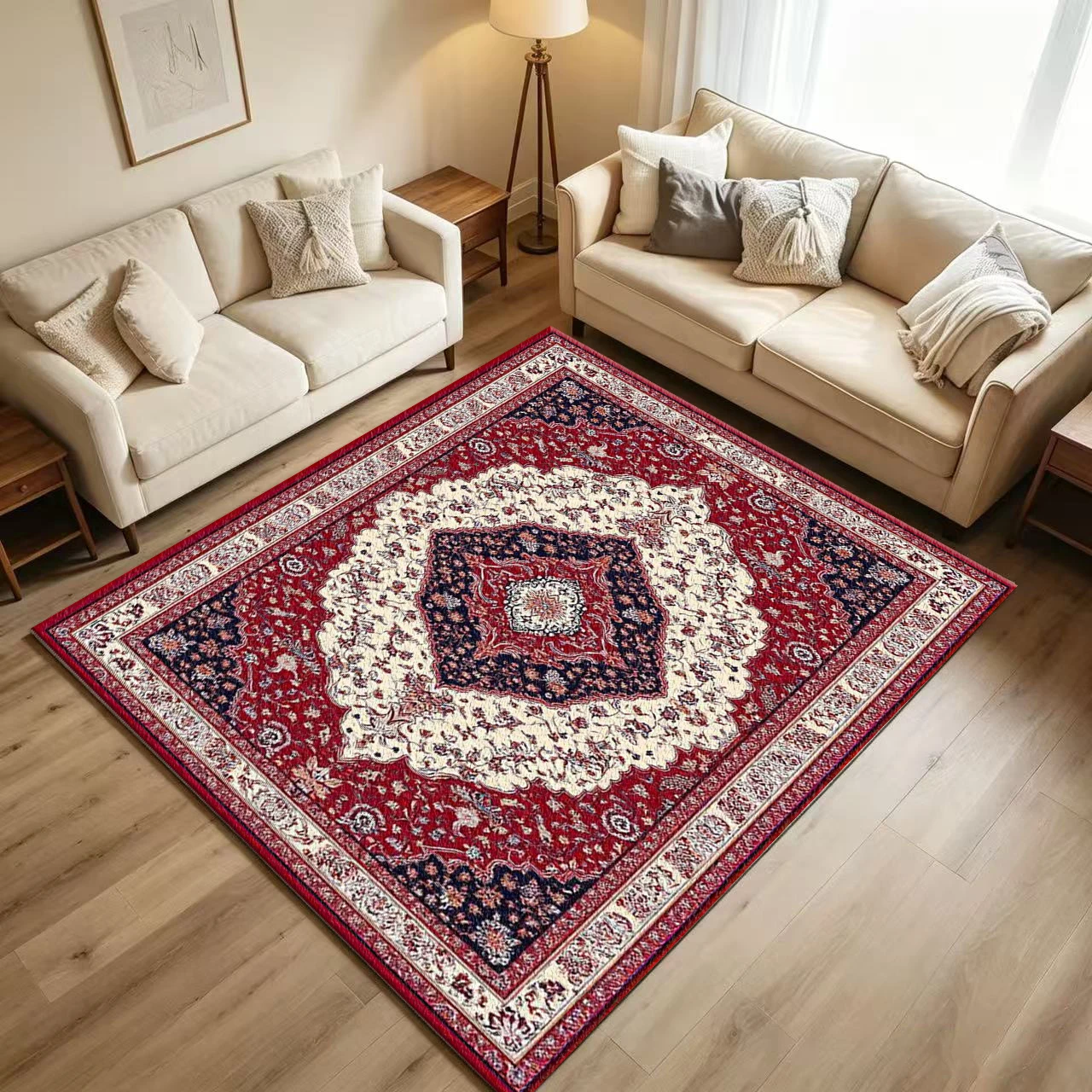 Classic Red Cream Oriental Medallion Carpet Flooring Vintage Persian Floral Border Printed Floor Rug for Household Living Space Home Interior Decor