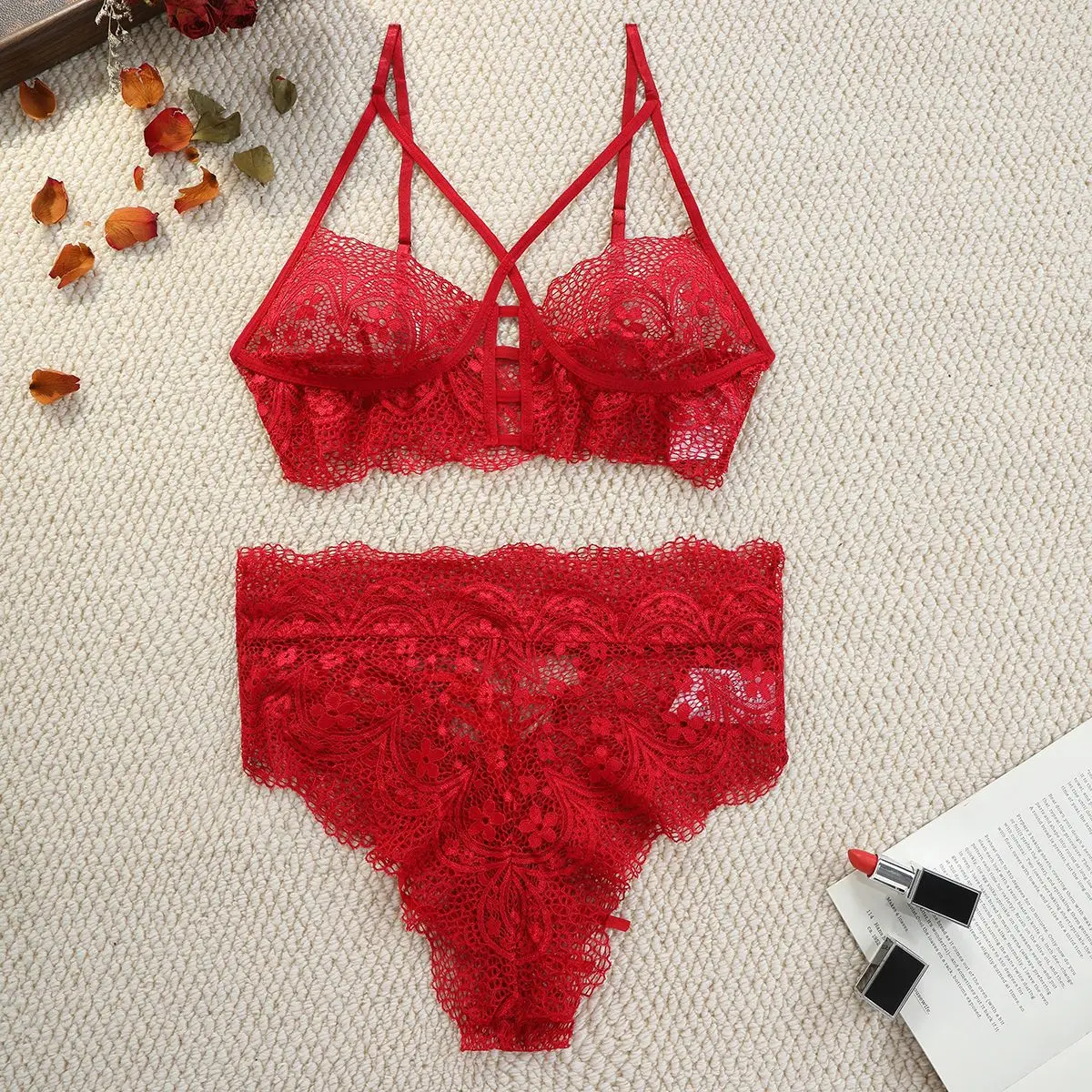 

Customized Women's Adult Elegant Temperament Red Lace Sexy Underwear Hollow Perspective Charm Wrapped Chest Two Piece Pajama Set