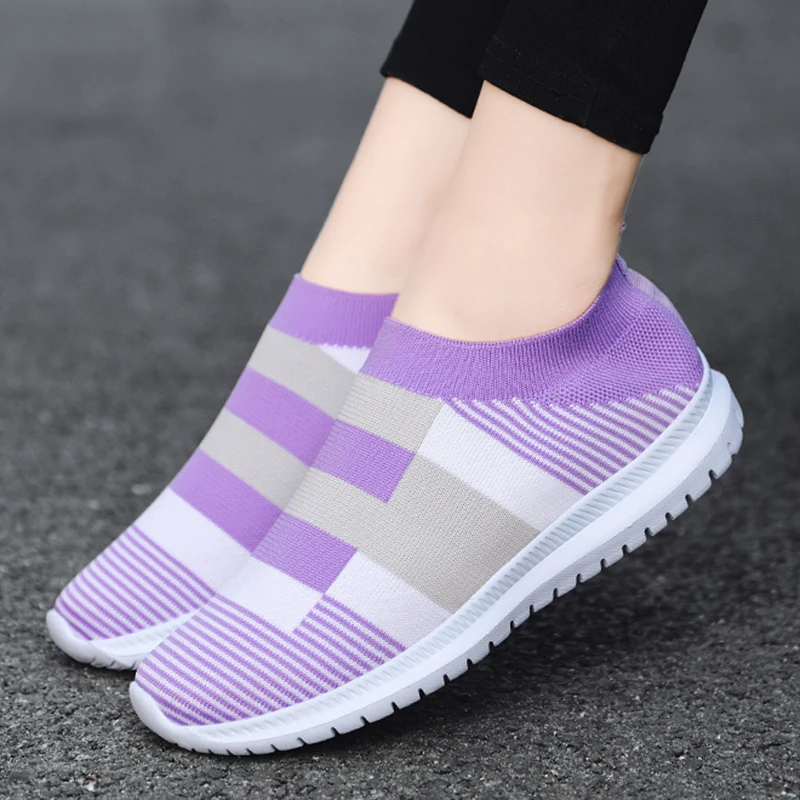 Mixed Color Knit Breathable Sneakers for Women 2023 Non Slip Soft Sole Casual Flats Woman Plus Size Slip On Sock Shoes 35-43