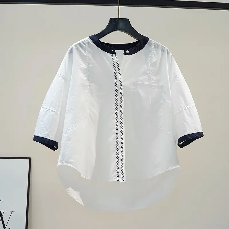 

Белая хлопковая рубашка с круглым вырезом и вышивкой Argyle, женская летняя корейская мода 2025, повседневная свободная блузка с рукавами 3/4, топы