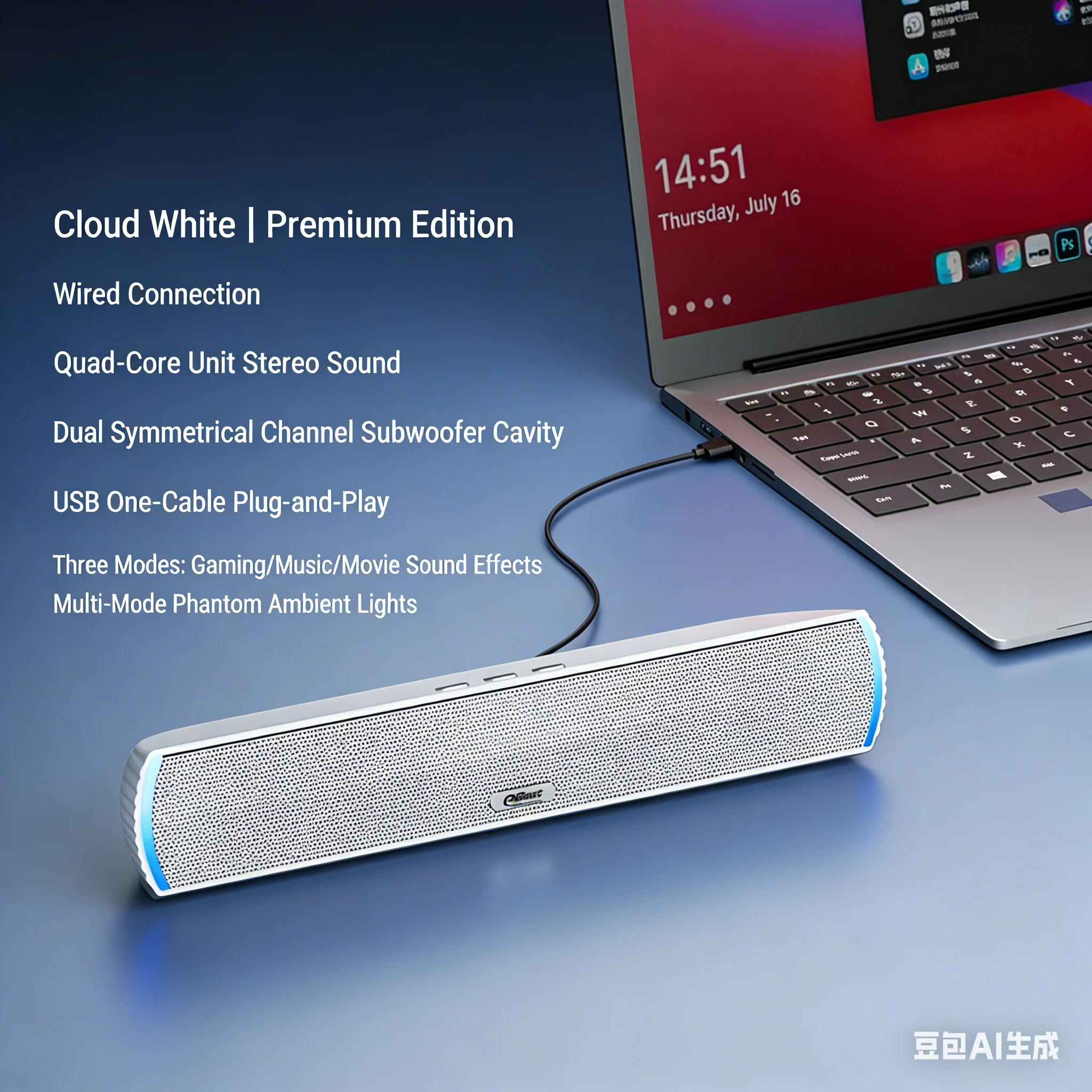 有線usb電源サウンドバー、bluetooth54搭載、ステレオ、コンピュータースピーカー、コンピューターデスクトップモニター用ゲームスピーカー、プラグアンドプレイ