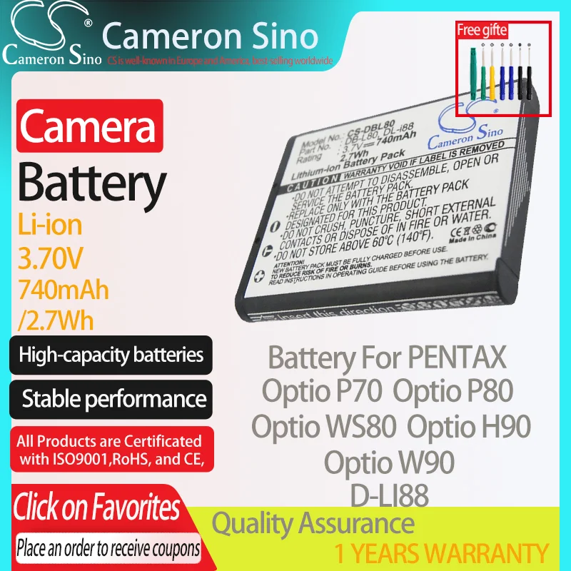 CameronSino Battery for PENTAX Optio P70 Optio P80 Optio WS80 Optio H90 Optio W90 fits Sanyo DB-L80AU Digital camera Batteries