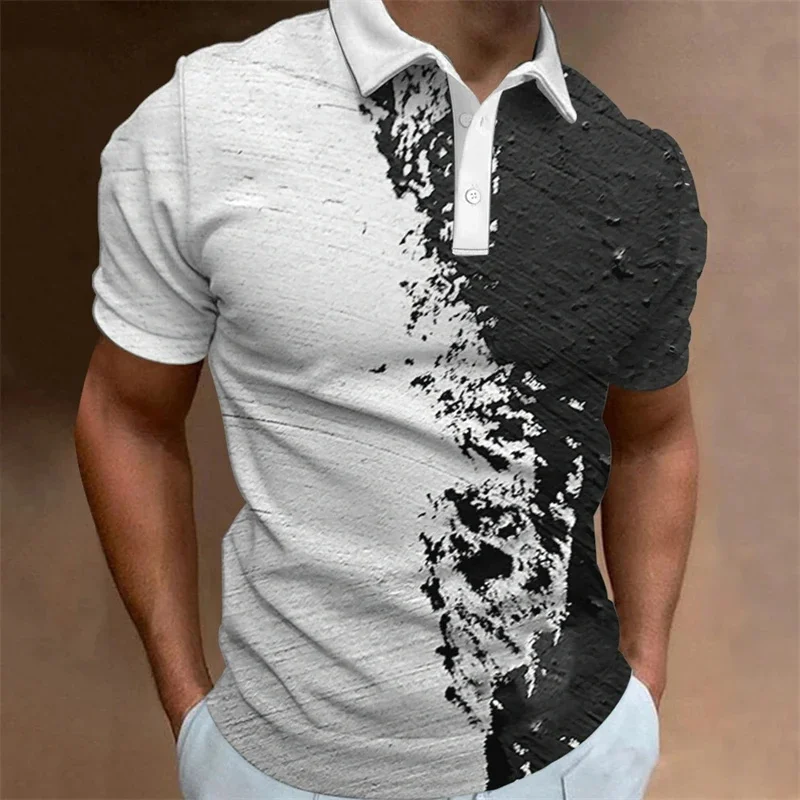 3D Printed Color Block Polo Shirt Men Colorful Graphic T-Shirts Fashion Casual Loose Street Lapel Tops Short Sleeve Button Tees - Image 3