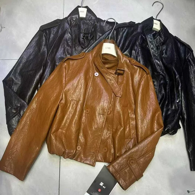 Autumn Women Vintage Casual Short Imitation Leather Jacket Stand Collar Double-Breasted Long Sleeve Faux PU Leather Biker Jacket