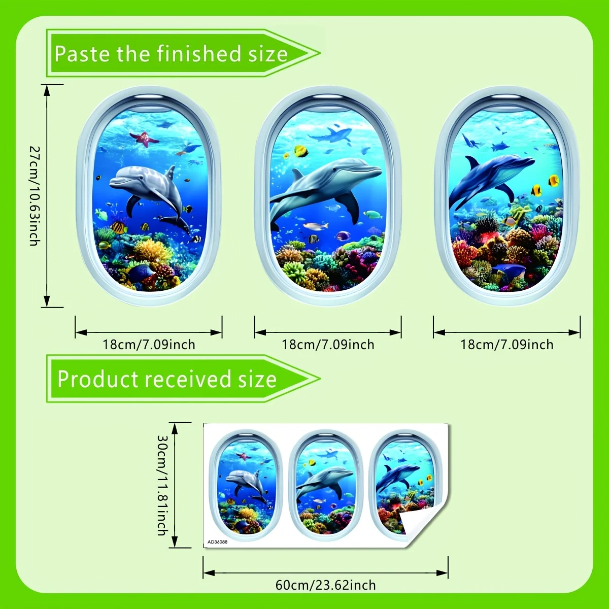 Porthole Underwater Dolphin Wall Stickers Set Of 3 Realistic Airplane Window Shape