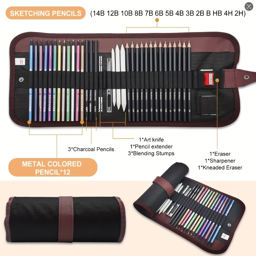 29Pcs Drawing Kit Sketching Pencils Set,Portable Pen Curtain-Charcoal Pencils, Sketch Pencils, Charcoal Stick,Sharpener,Eraser image 6