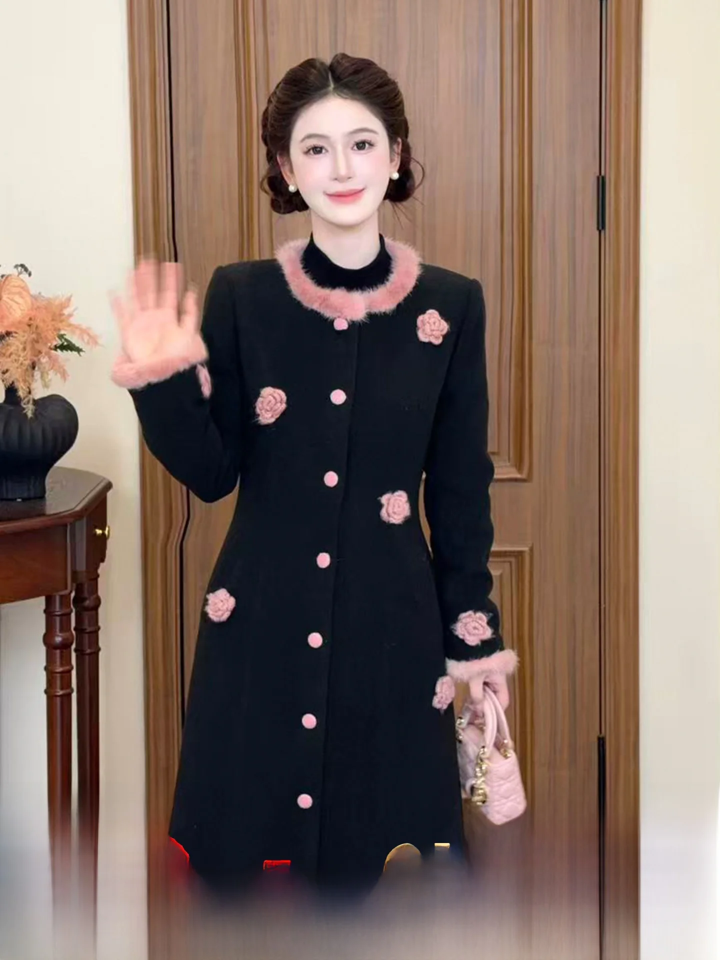 

Lili Home Sweet Plum Fairy 20 Long Cotton Blend Jaet with Patchwork Soft Fur Pink And Bla Contrast Ladies Winter Coat