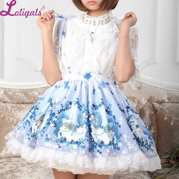

Sweet Light Sky Blue Star and Flying Horse Printed Pleated A line Lolita Skirt with Lace Trimming