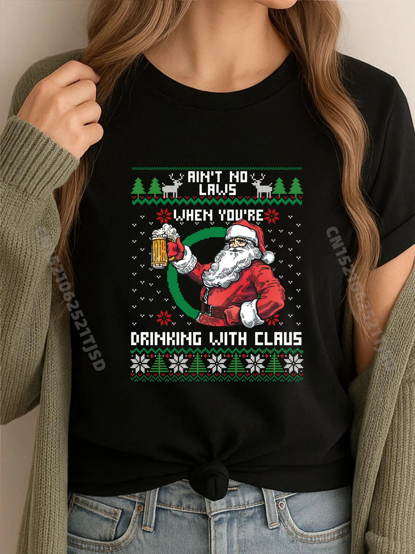 

Aint No Laws When You're Drinking With Claus Забавная рождественская брендовая футболка Хлопковая футболка Женская графика