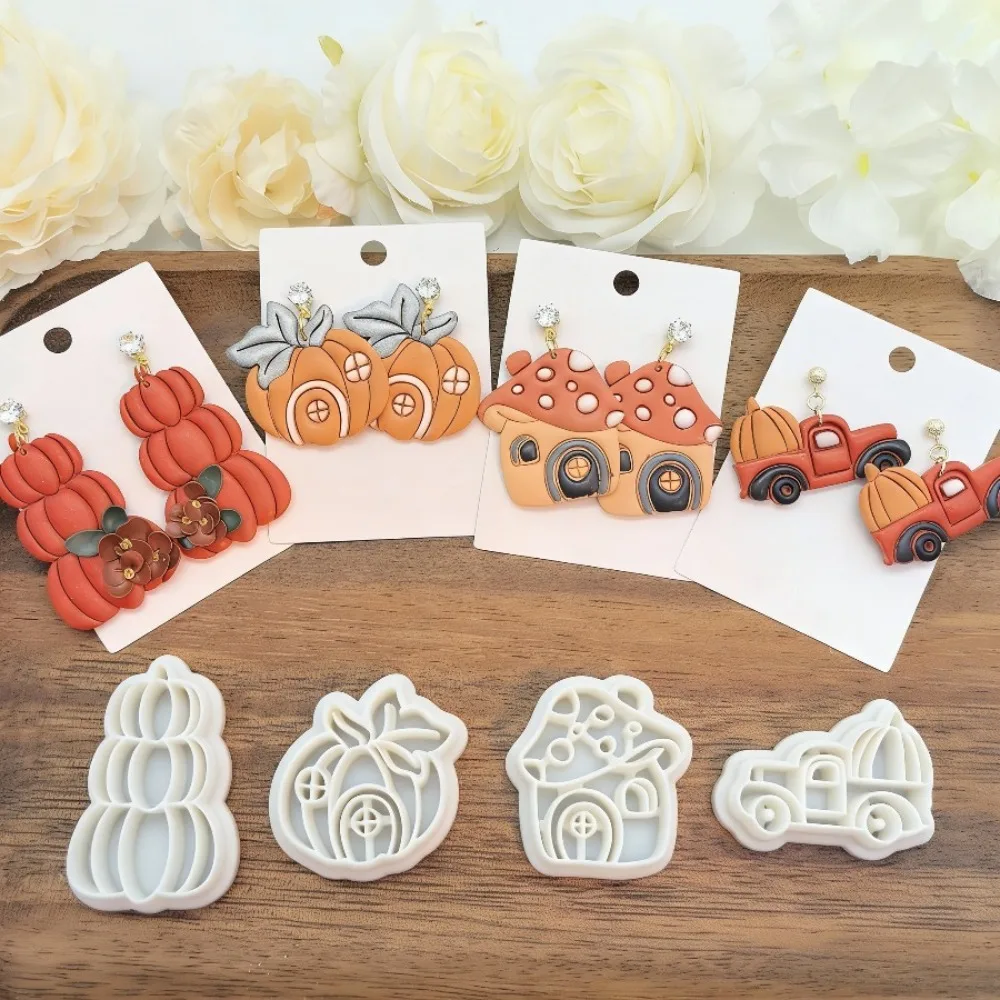 4-teiliges Herbst-Ernte-Set aus Polymer-Ton-Ausstechformen: Kürbis, Pilz, Haus, Auto – Schmuck-Bastelset für DIY-Ohrringe und Bastelwerkzeuge
