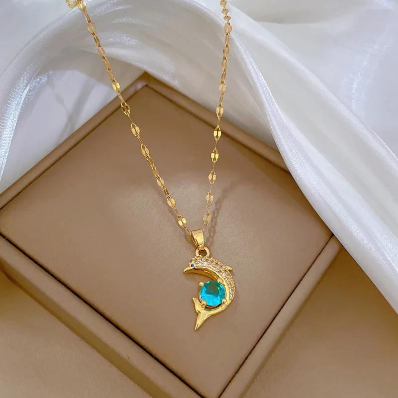 DIEYURO 316L Stainless Steel Blue Zircon Dolphin Pendant Necklace