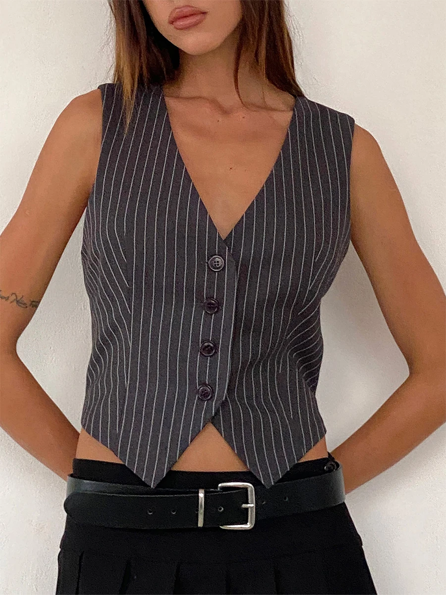 Yoawdats Women Summer Pinstripe Tank Tops Sleeveless V Neck Button Cami Outwear Gilet Casual Streetwear Aesthetic Clothes