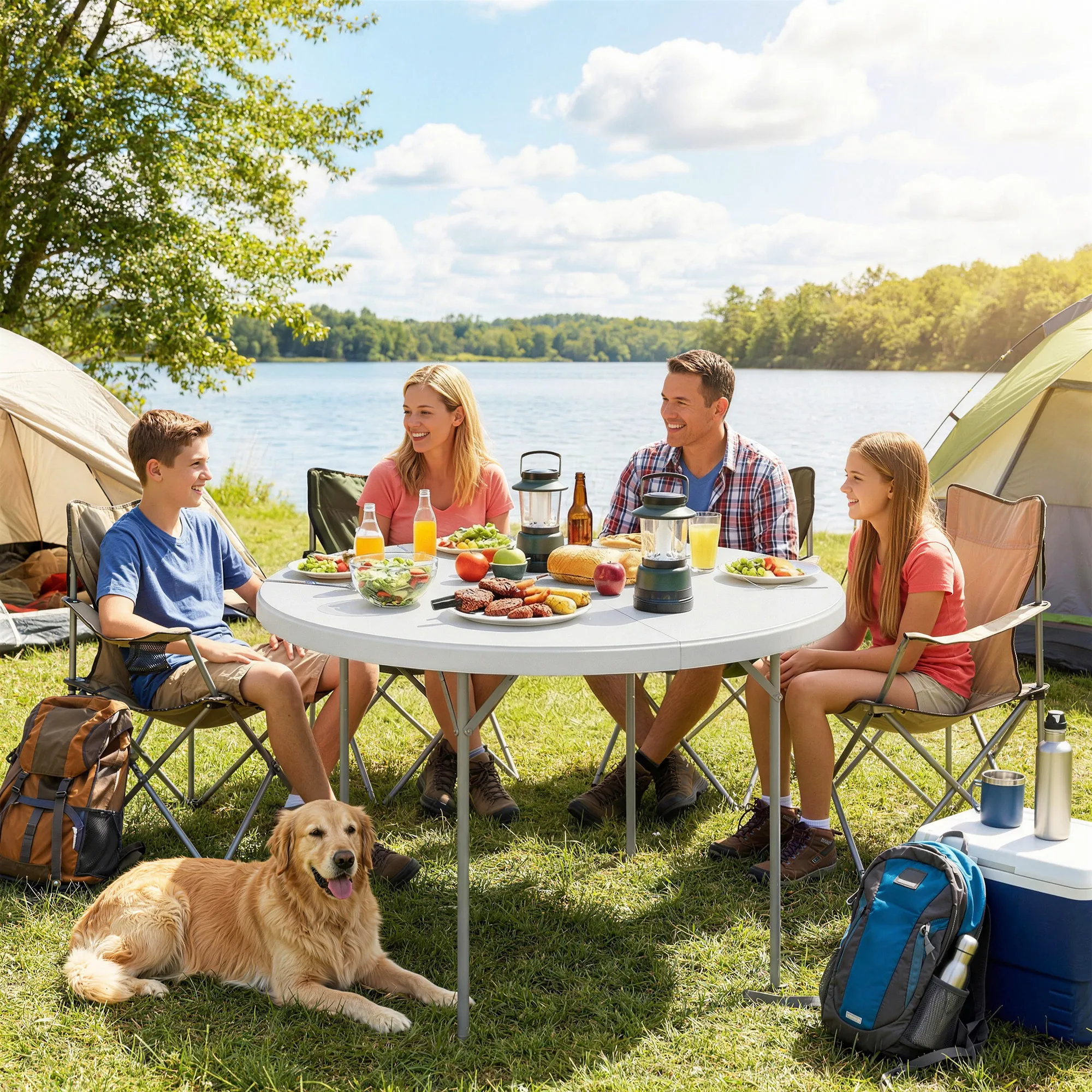 Outsunny Camping-Klapptisch 120x120x74 cm Tragbarer Klapptisch mit HDPE-Arbeitsplatte und rutschfesten Polstern Weiß