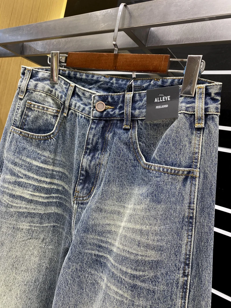 جينز رجالي فضفاض مستقيم بتصميم عتيق مغسول ومتهالك للربيع والخريف، مصنوع من مزيج القطن والبوليستر، مريح وقابل للتنفس