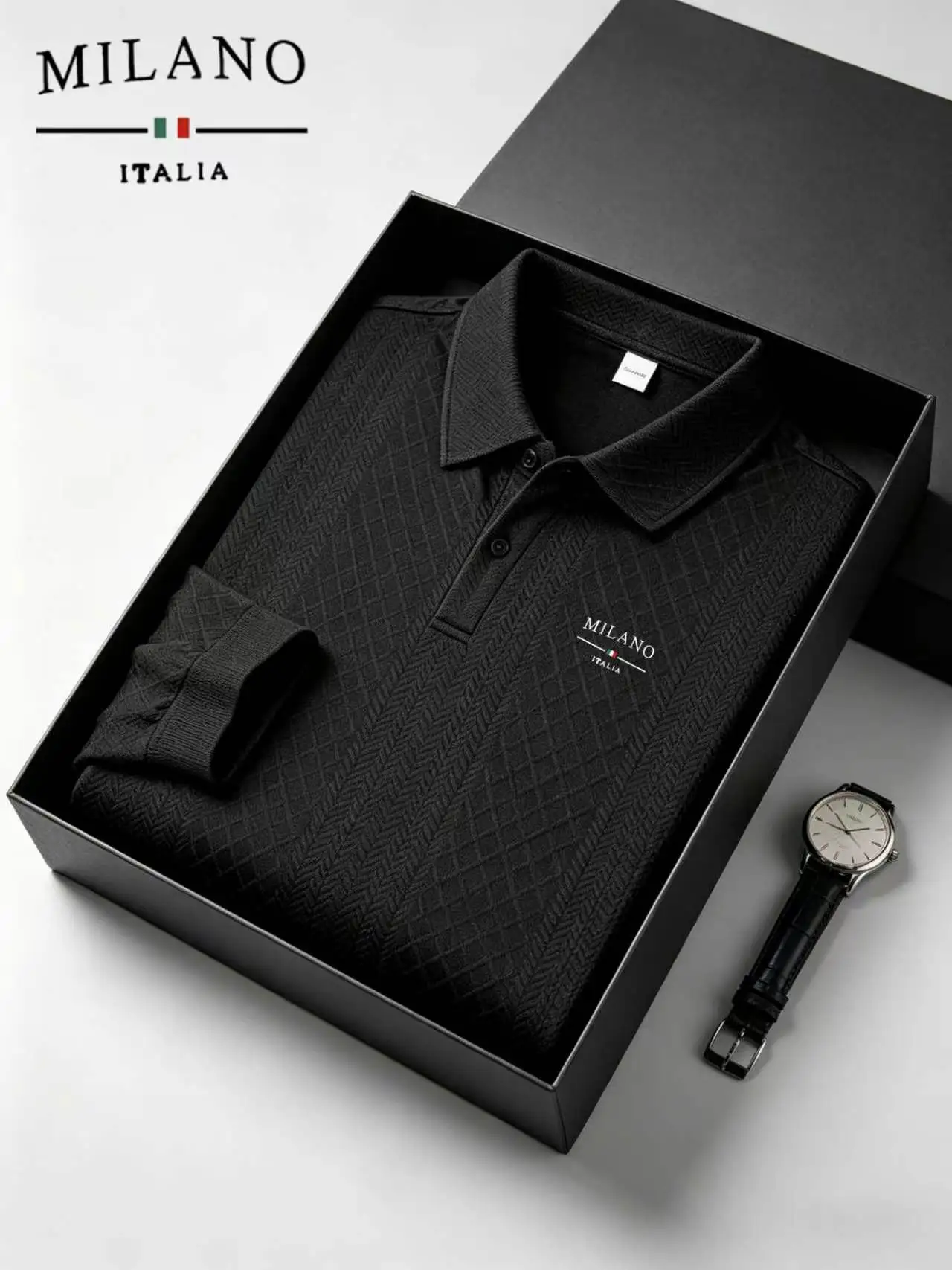 Polo de Manga Larga con Textura Jacquard Milano Italia para Hombre, Camiseta Casual de Negocios y Golf