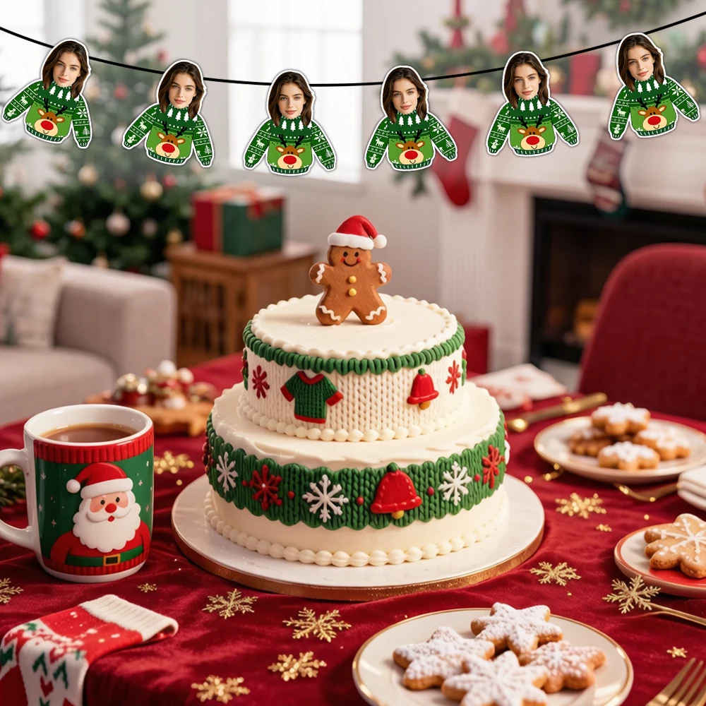 Custom Face Christmas Sweater Banner, Personalized Photo Ugly Xmas Cutout Garland Holiday Party Wall Decor