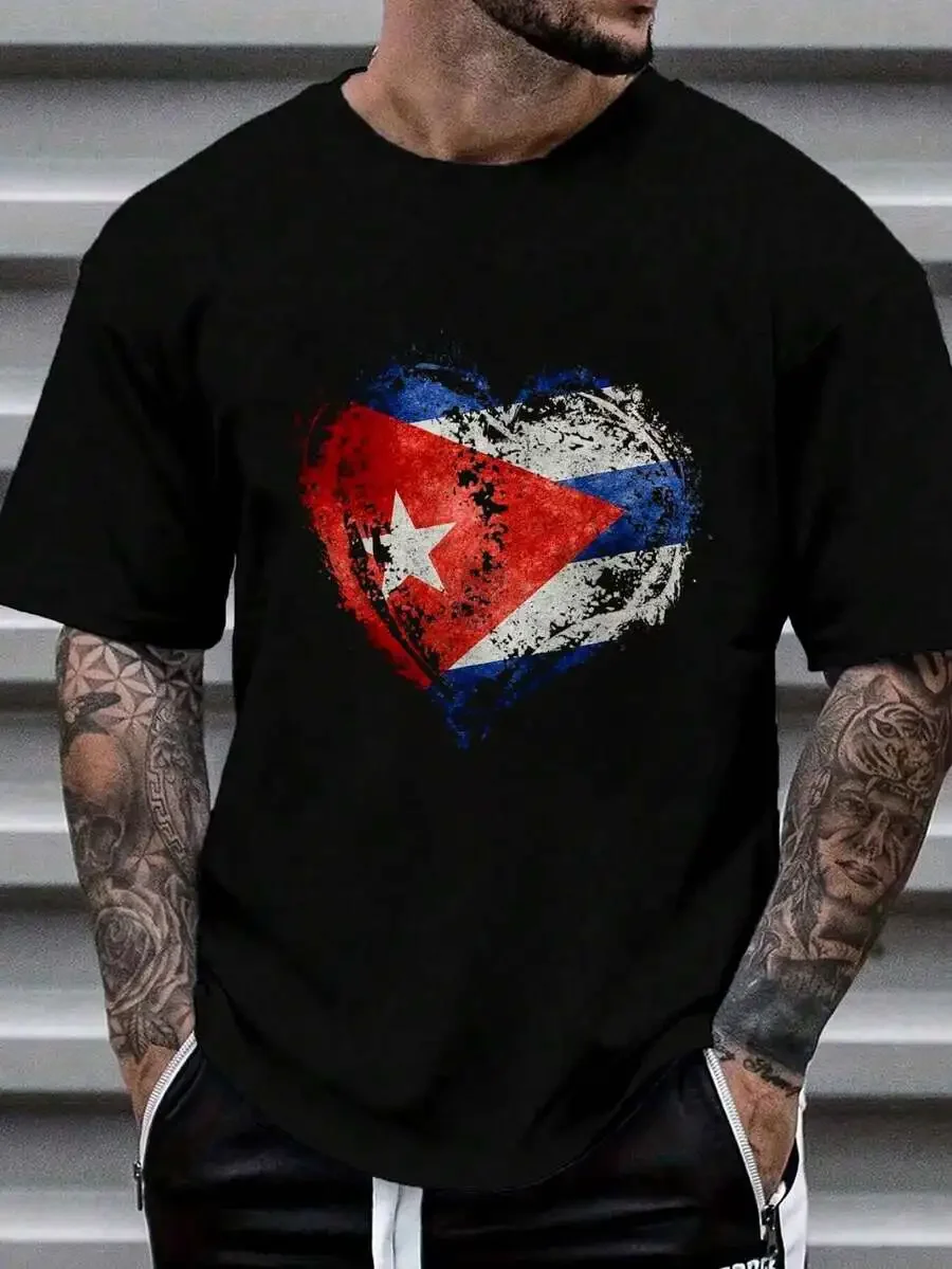 100% Cotton Hispanic Heritage Month Flag Heartbeat Cuban Heart T-Shirt Women's Men's Graphic Tee Causal Tops Fashion Tshirt Shor
