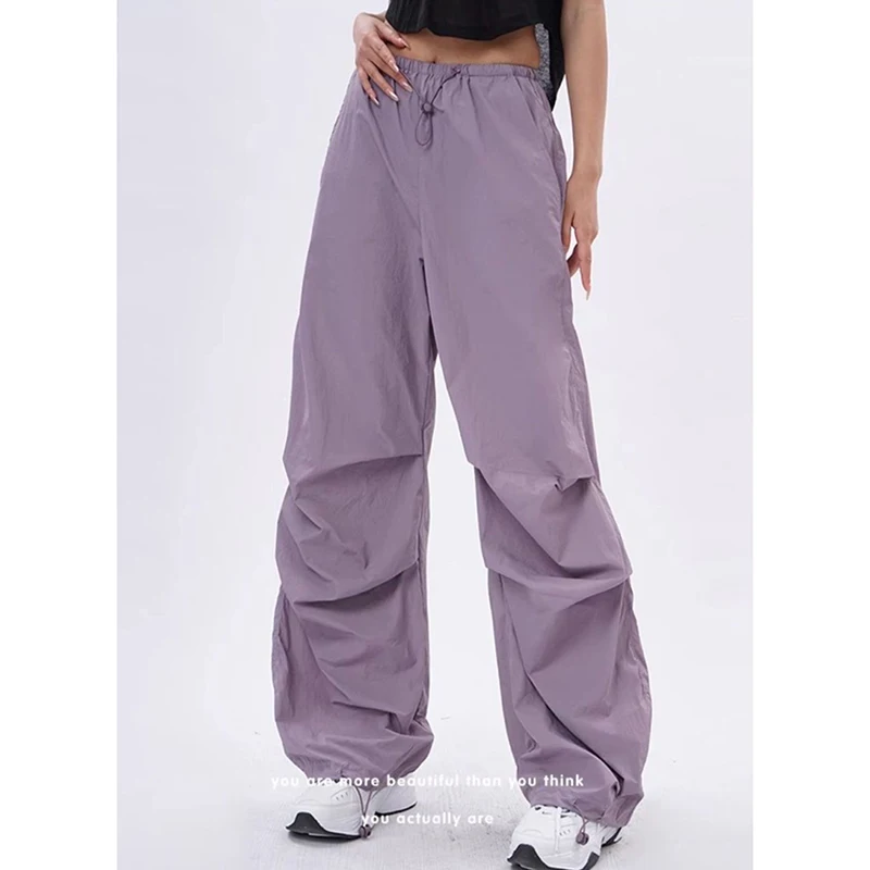 Cargo Pants Women Purplu Pleated Loose High Waist Hip-Hop Street Trousers Fashion Harajuku Y2K Solid Drawstring Wide Leg Pants